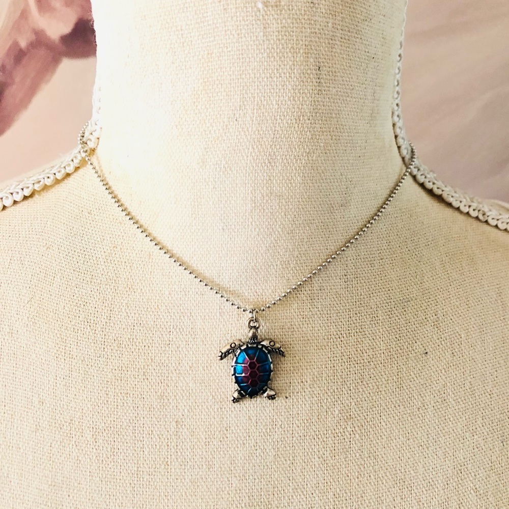 Colorful enamel turtle pendant on chain necklace